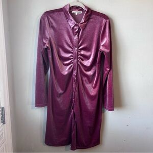 Pink Berry Velvet Ruched Button Front Long Sleeve Dress Sz Medium Y2K Retro